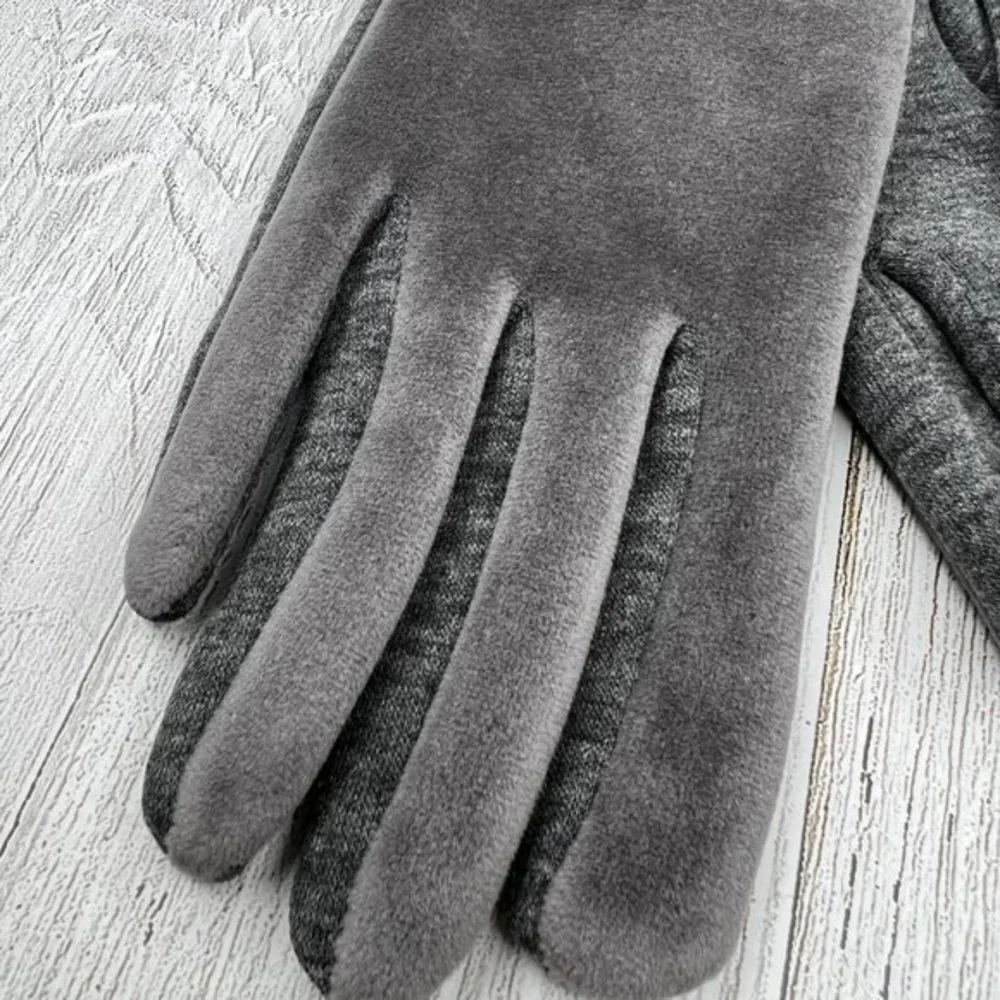 Womens Gray Velvet Touchscreen Gloves Bow Detail Winter Warm Fashion Accessories